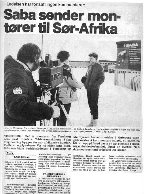 Avisklipp: Saba sender mont&oslash;rer til S&oslash;r-Afrika