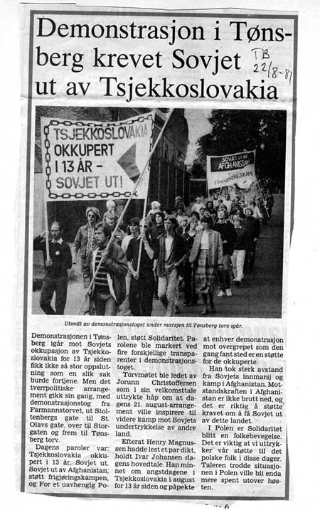 Avisklipp: Tsjekkoslovakia-demonstrasjon i T&oslash;nsberg