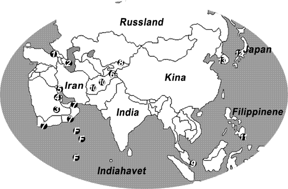 Kart over amerikanske baser i Asia