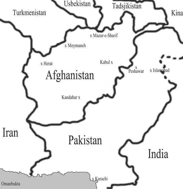 Kart over Afghanistan og området rundt